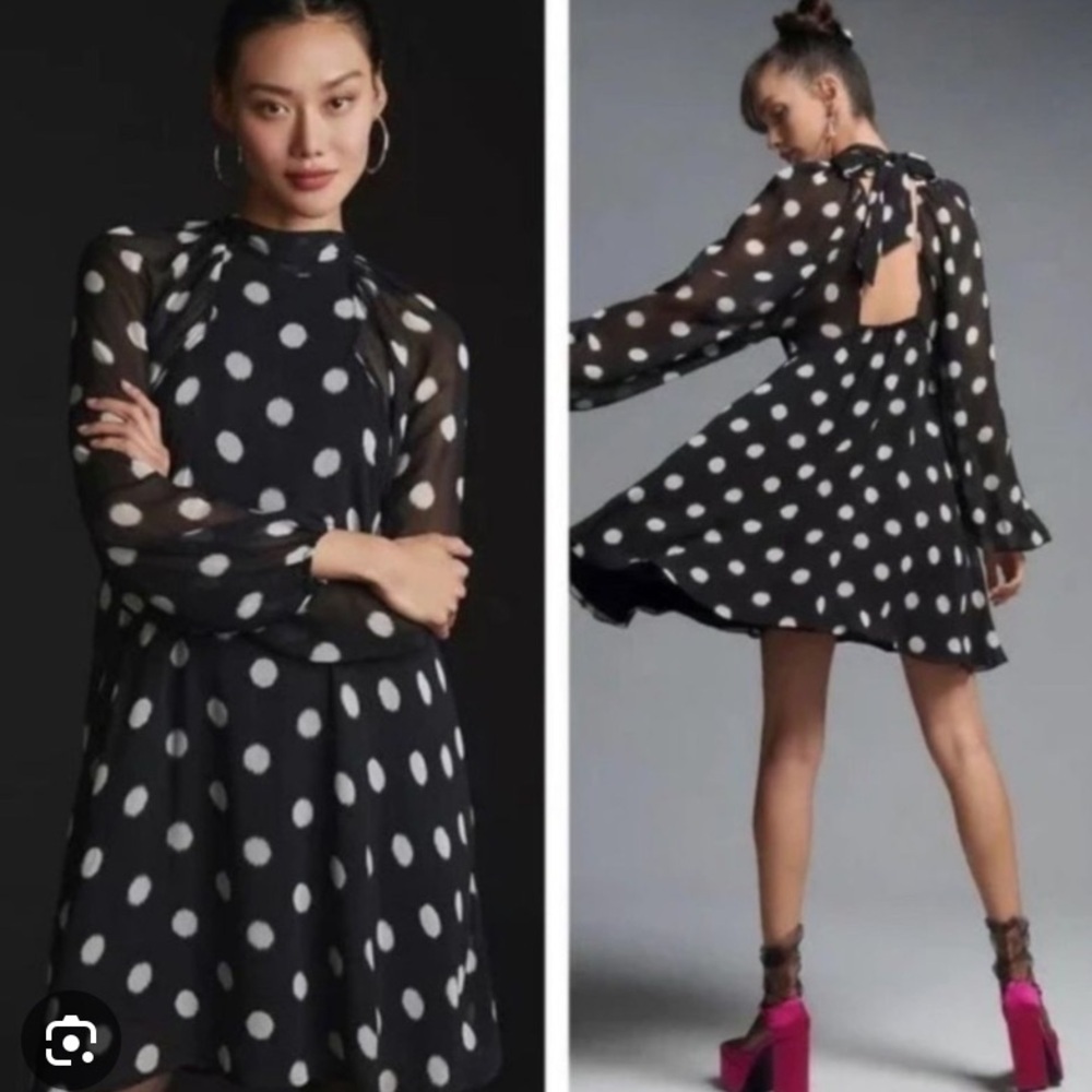 Maeve by Anthropologie Womens Mini Dress Long Sleeve Sheer Polka Dot Black XS